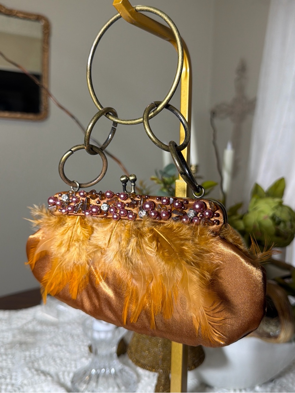 Beaded Feather Satin Mini Bag - Orange